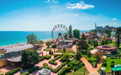 Aerial view of Golden Sands beach resort , Zlatni Piasacithe near Varna, Bulgaria