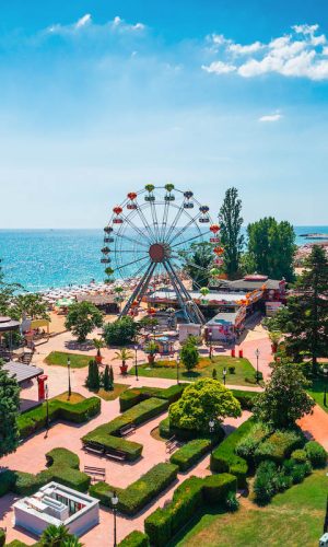 Aerial view of Golden Sands beach resort , Zlatni Piasacithe near Varna, Bulgaria